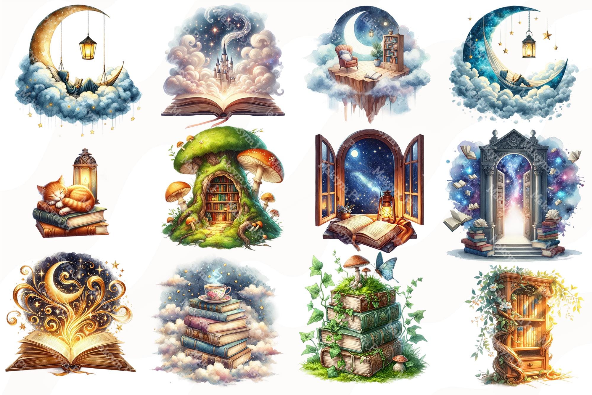 Magic Dreamy Book Watercolor Clipart, Reading Lover PNG, Fantasy Book ...