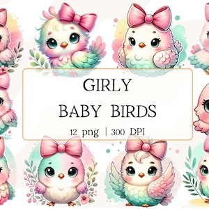 Conjunto de imágenes prediseñadas de acuarela de pájaro bebé femenino, paquete de imágenes prediseñadas Birdy de imágenes transparentes, archivos PNG de decoración de fiesta y guardería, descarga instantánea