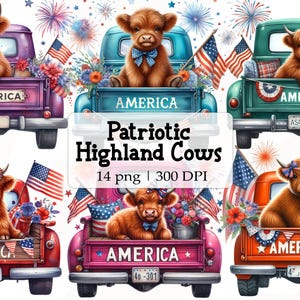 Bundle de cliparts vache Highland du 4 juillet, aquarelle de camion patriotique américain, vache fête de l'indépendance PNG, Design festif, Commercial, Sublimation