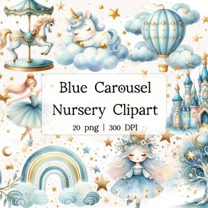 Aquarelle bleu carrousel des cliparts, lunatique ballerine carrousel graphique magique, vintage carrousel poney, chambre d'enfant PNG, clipart baby shower