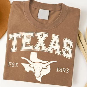 May include: A brown t-shirt with the word "TEXAS" in large, distressed white letters. Below the word "TEXAS" is a white outline of the state of Texas with a longhorn. The shirt also has the text "EST. 1893". A brown hat and dried leaves are in the background.