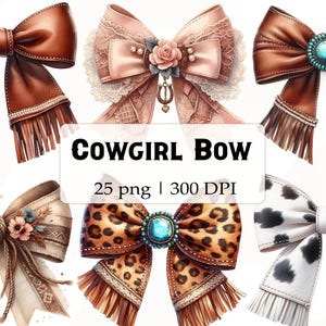 May include: A set of 10 cowgirl-themed bows with various patterns and embellishments, including leopard print, cowhide, and floral designs. The bows are decorated with fringe, beads, and other details.  COWGIRL BOW 25 png | 300 DPI