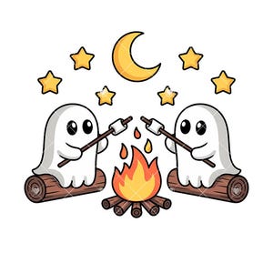 Könnte beinhalten: Cartoon-Illustration mit zwei weißen Geisterfiguren, die Marshmallows über einem Lagerfeuer rösten. Die Szene umfasst einen Halbmond, Sterne und ein Lagerfeuer mit orangefarbenen und gelben Flammen. Die Geister sitzen auf Baumstämmen.