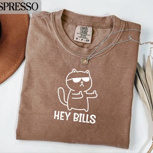 May include: Espresso-colored t-shirt with a white graphic of a cat wearing sunglasses and giving the middle finger. The text "HEY BILLS" is below the cat. A silver necklace with a pendant is on the shirt.