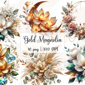 Gold Magnolia Floral clipart, White Flowers PNG Set, Wedding Invitation clip art, Magnolia Glam Garden Bridal Shower Sublimation Bundle