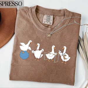 May include: Espresso-coloured t-shirt with a cartoon illustration of white geese exercising with a blue ball, parallel bars, and weights. The shirt has a crew neck and a Comfort Colors tag.