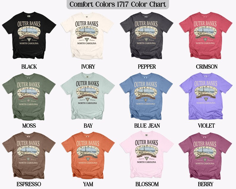 Outer Banks North Carolina T-Shirt Comfort Colors 1717 Color Chart, Vintage Graphic Tee, Unisex, Beach Souvenir, Coastal Gift Apparel