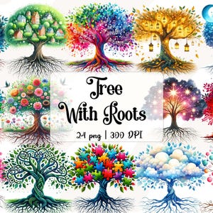 Clipart di alberi ad acquerello con radici, set di clipart per scrapbooking di alberi della foresta, bundle PNG di alberi genealogici, disegni di sublimazione di alberi stagionali della natura