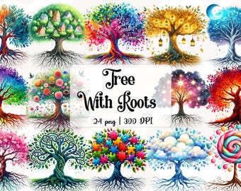 Watercolor Tree with Roots Clipart, Forest Tree Scrapbooking Clipart Set, Family Tree PNG Bundle, Nature Seasonal Tree Sublimation Designs