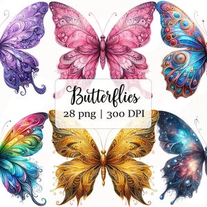 Bundle de cliparts enchanteurs de papillons, PNG de papillons fantaisistes mignons, fichiers de conception de sublimation des cliparts aquarelle, carnet de bord artisanat en papier