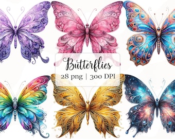 Enchanting Butterflies Clipart Bundle, Cute Whimsical Butterfly PNG, Watercolor Clipart Sublimation Design Files, Paper Craft Junk Journal