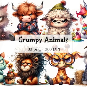 Funny Grumpy Animals Watercolor Clipart Bundle, Safari Animals Sublimation Design, Woodland Animals PNG Downloads, Cartoon Pet Prints