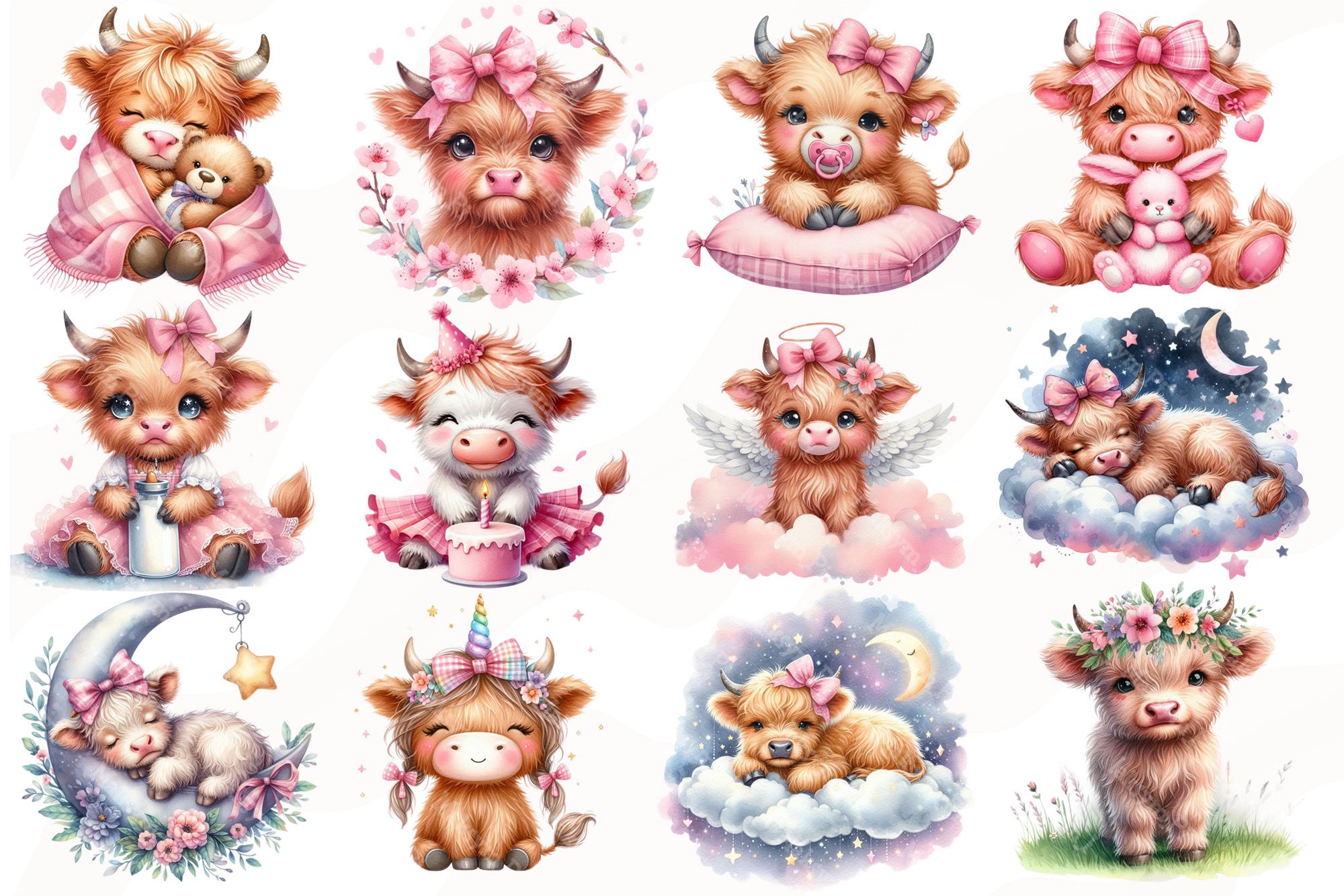 Baby Girl Highland Cow Watercolor Clipart Bundle, Newborn Children ...