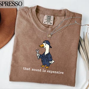 May include: Espresso-colored t-shirt with a cartoon duck wearing a mechanic's uniform and holding a wrench. The text "that sound is expensive" is printed below the duck. A silver necklace and a brown hat are also visible.