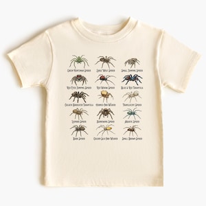 May include: Cream-colored t-shirt featuring a grid of illustrated spiders with their names. The spiders are in various colors, including green, red, blue, and brown. The text includes "Green Huntsman Spider," "Large Wolf Spider," and "Small Jumping Spider."