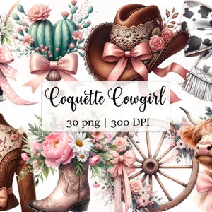 Western Cowgirl Coquette Bogen Clipart Aquarell, Pink Howdy Braun Lederschleife PNG, Kuhfell Sublimationsdesign Dateien, Highland Kuh