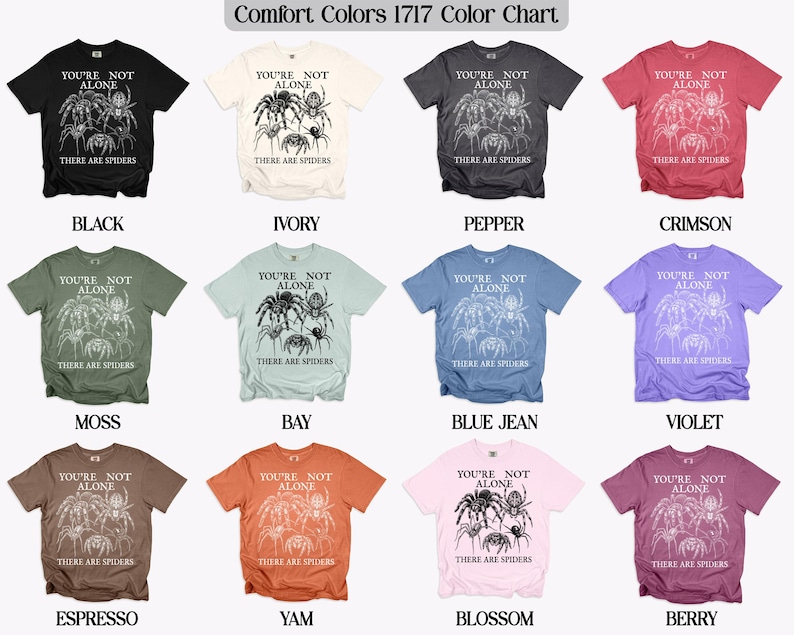 Comfort Colors 1717 color chart showing t-shirts in Black, Ivory, Pepper, Crimson, Moss, Bay, Blue Jean, Violet, Espresso, Yam, Blossom, and Berry.