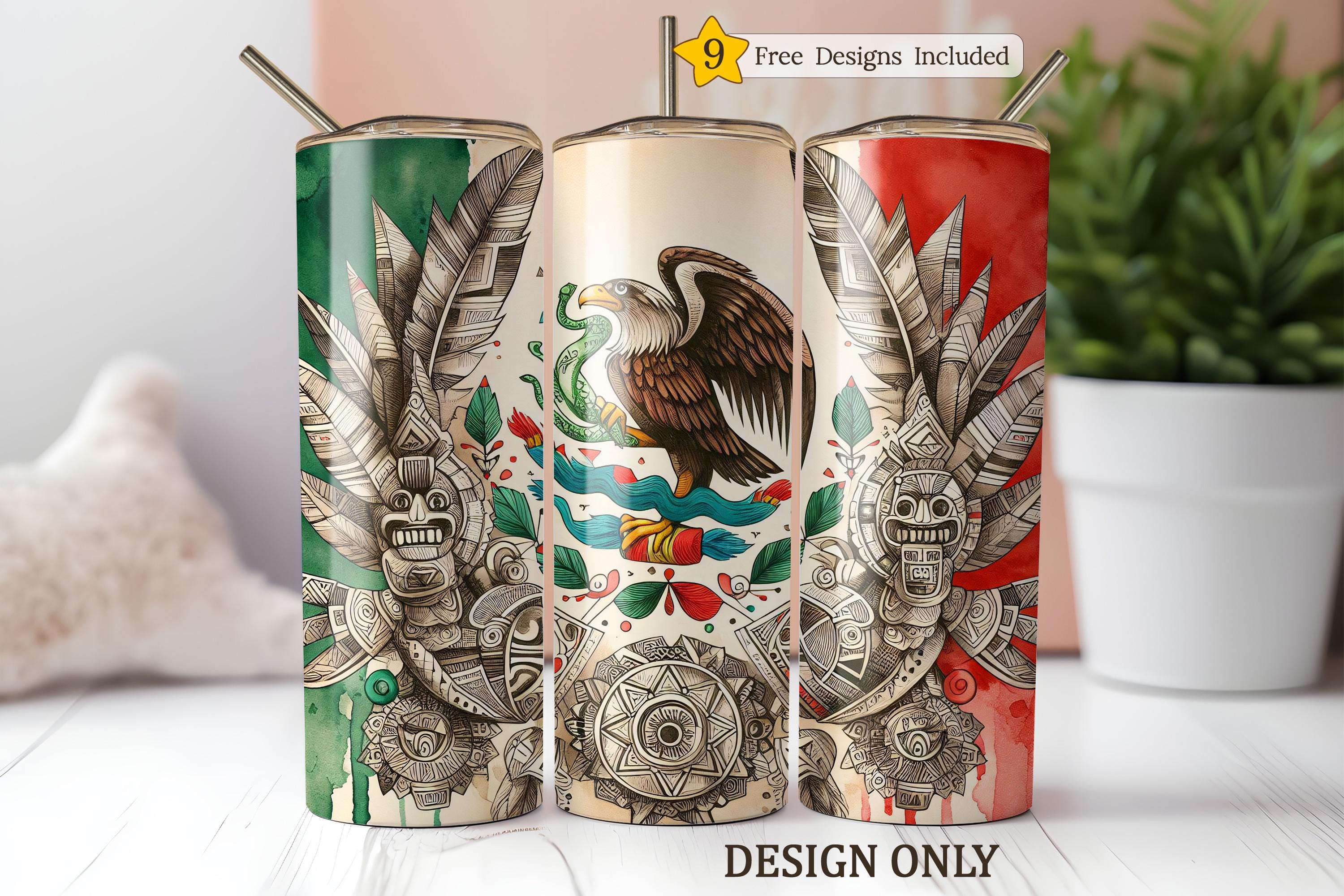 Latino Sublimation Tumbler Design, Mexican Flag Aztec Pattern 20oz Tumbler Wrap PNG, Mexican Flag Art Latino PNG, Skinny Tumbler Download