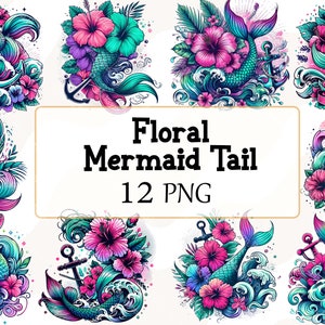 Clipart sirène, conception de T-Shirt, conception de sublimation d'ancre florale de sirène, aquarelle sous-marine océan téléchargements PNG