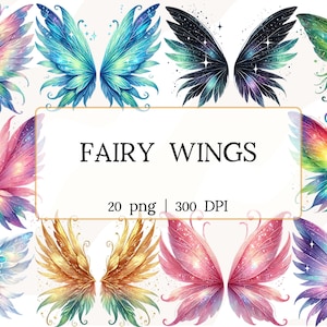 Imágenes prediseñadas de alas de hadas mágicas, imágenes prediseñadas de alas de ángel en acuarela, gráficos de fantasía pastel, conjunto PNG de alas encantadas con colores del arco iris mágico
