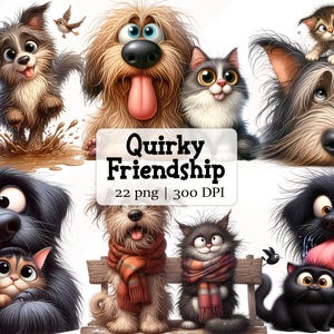 Schrullig Freunde Aquarell Clipart, Katzen und Hund Freundschaft, Junk Journaling, Scrapbooking, Kartenherstellung, digitaler Download, Fantasy, wunderlich