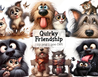 Eigenzinnige vrienden aquarel clipart, kat en hond vriendschap, junk journaling, scrapbooking, kaarten maken, digitale download, fantasie, grillig