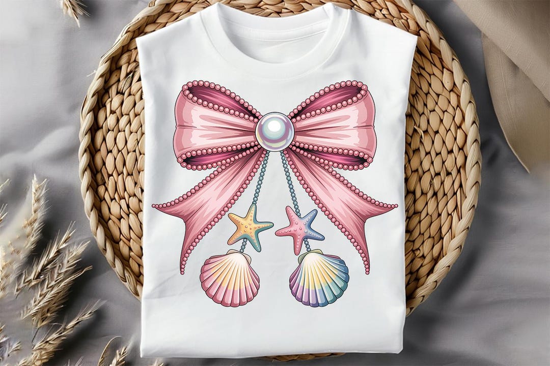 Coquette Clam Pearl Bow PNG, Coastal Seashell Starfish Sublimation ...