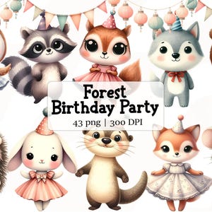 Lot de cliparts aquarelle fête d'anniversaire mignon, sublimation animaux de la forêt des bois, clipart célébration, renard, hibou, lapin téléchargement PNG