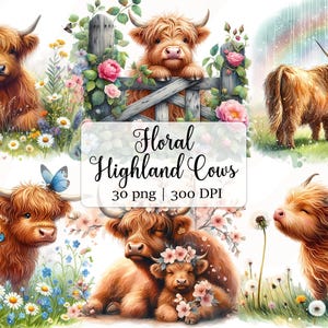Lente Highland Cow aquarel clipart bundel, zomer bloemen sublimatie design, bloem baby koe png, digitale download