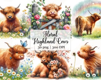 Spring Highland Cow Watercolor Clipart Bundle, Summer Floral Sublimation Design, Flower Baby Cow PNG, Digital Download