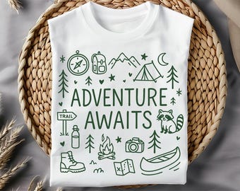 Diseño de sublimación "Aventura te espera" (PNG), clipart de camping, ilustración al aire libre, gráficos de viaje de vacaciones, senderismo, estética preppy