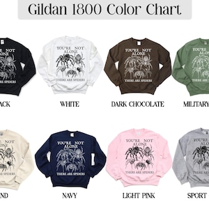 Gildan 1800 color chart showing eight sweatshirt options with spider graphic.