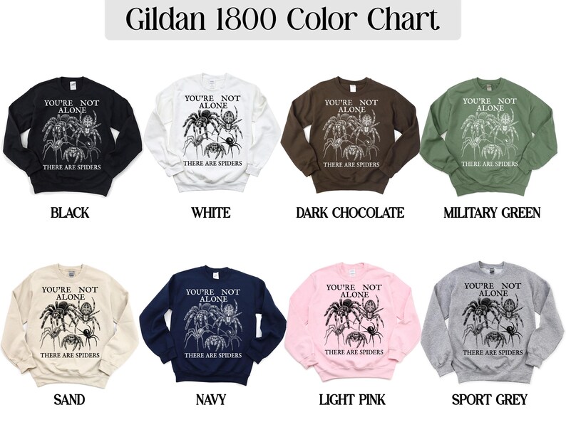 Gildan 1800 color chart showing eight sweatshirt options with spider graphic.