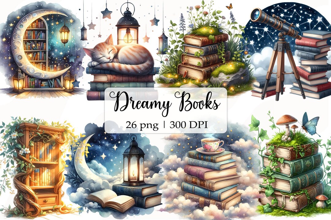 Magic Dreamy Book Watercolor Clipart, Reading Lover PNG, Fantasy Book ...