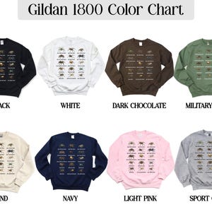 Gildan 1800 Crewneck Sweatshirt, Black, White, Dark Chocolate, Military Green, Sand, Navy, Light Pink, Sport Grey Color Chart