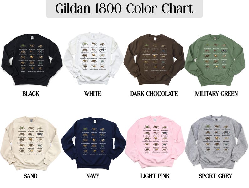 Gildan 1800 Crewneck Sweatshirt, Black, White, Dark Chocolate, Military Green, Sand, Navy, Light Pink, Sport Grey Color Chart