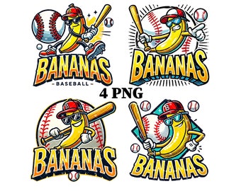 Let's Go Bananas Baseball PNG Bundle Sports Team Mascot Funny Banana Playing Baseball Sublimation Digital Download Printable Shirt Apparel