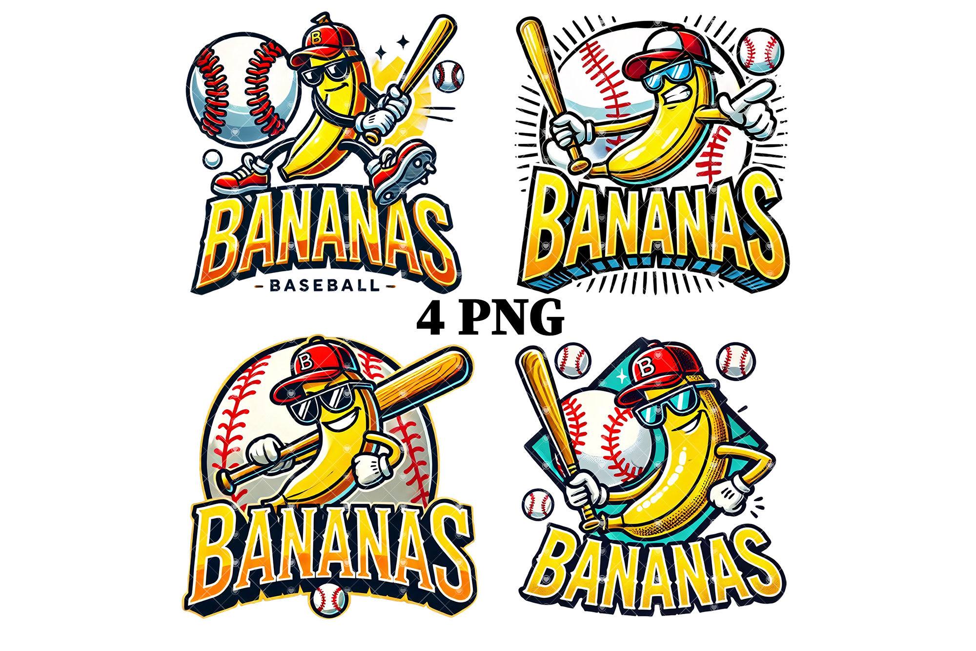 Let's Go Bananas Baseball PNG Bundle Sports Team Mascot Funny Banana Playing Baseball Sublimation Digital Download Printable Shirt Apparel
