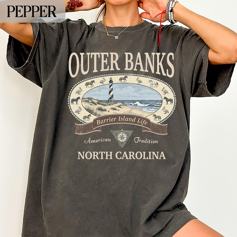 Outer Banks T-Shirt, North Carolina Tee, Vintage Graphic Shirt, Beach Life Top, Coastal Apparel, Lighthouse Print, Barrier Island