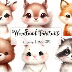 Woodland Animals Portraits Clipart Watercolor, Cute Creature Nursery PNG, Baby Animals Sublimation Design, Baby Shower, Boho Forest Animals