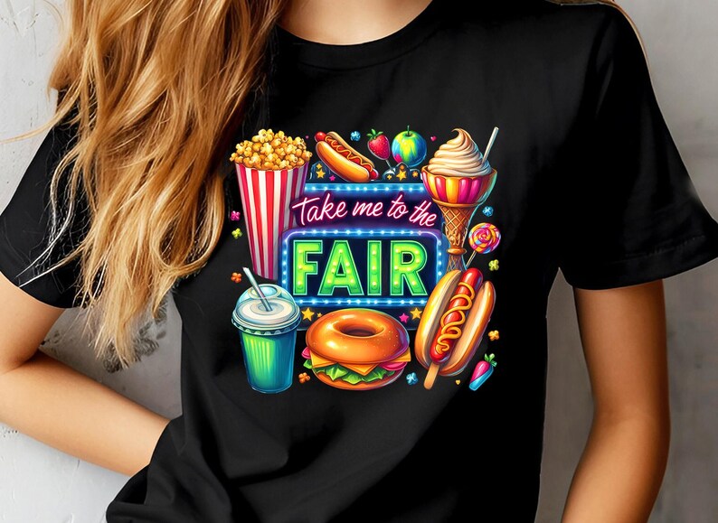 May include: Black t-shirt with a colorful graphic of carnival food and the text "Take me to the FAIR".