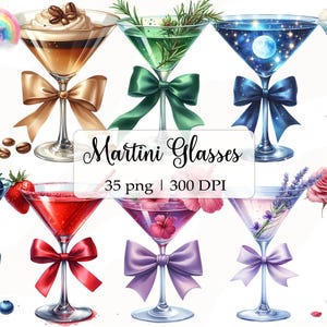 Clipart di bicchiere da Martini con fiocco, Clipart di cocktail club, Set di clipart di cocktail con acquerelli, Download digitale di sublimazione dell'ora del cocktail