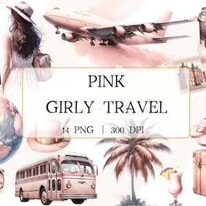 Clipart de viaje femenino, viaje rosa, clipart de chica viajera en acuarela, PNG de viaje femenino, clipart de verano, diseño coqueto, viaje elegante