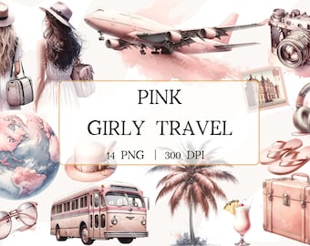 Girly Travel Clipart, Pink Travel, Watercolor Traveler Girl Clipart, Feminine Travel PNG, Summer Clipart, Coquette Design, Chic Travel
