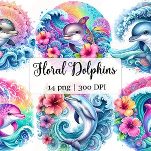 Pacchetto Clipart floreale di delfini, mandala, design di sublimazione dell'oceano, download di PNG floreali di spiaggia estiva sottomarina ad acquerello