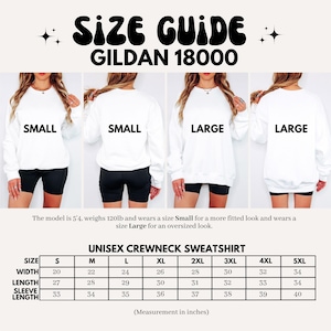 Gildan 18000 unisex crewneck sweatshirt size guide with model and measurements.