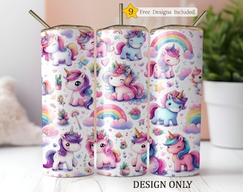 Einhorn-Mädchen-Becher-Verpackung, Regenbogen 20 Unze dünner Becher Sublimationsdesign, lustiges Aquarell kawaii Tier Digital PNG Gerader Becher