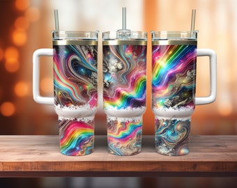Rainbow Tumbler Wrap Marble Neon Colors and Gold Glitter 40oz Tumbler Sublimation Design PNG, Alcohol Ink Tumbler PNG File