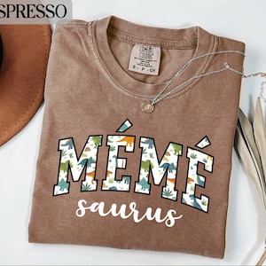 Puede incluir: Una camiseta marrón con la palabra "MÉMÉ" en una fuente con temática de dinosaurios y la palabra "saurus" debajo. La camiseta tiene cuello redondo y una pequeña etiqueta en la parte superior trasera. Un collar plateado con un colgante está sobre la camiseta.