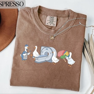 May include: Espresso-coloured t-shirt featuring a comical graphic of geese in medical roles. One goose is using a hammer, another is in an MRI machine, and a third is examining a colourful brain. A silver necklace with a pendant is also visible.
